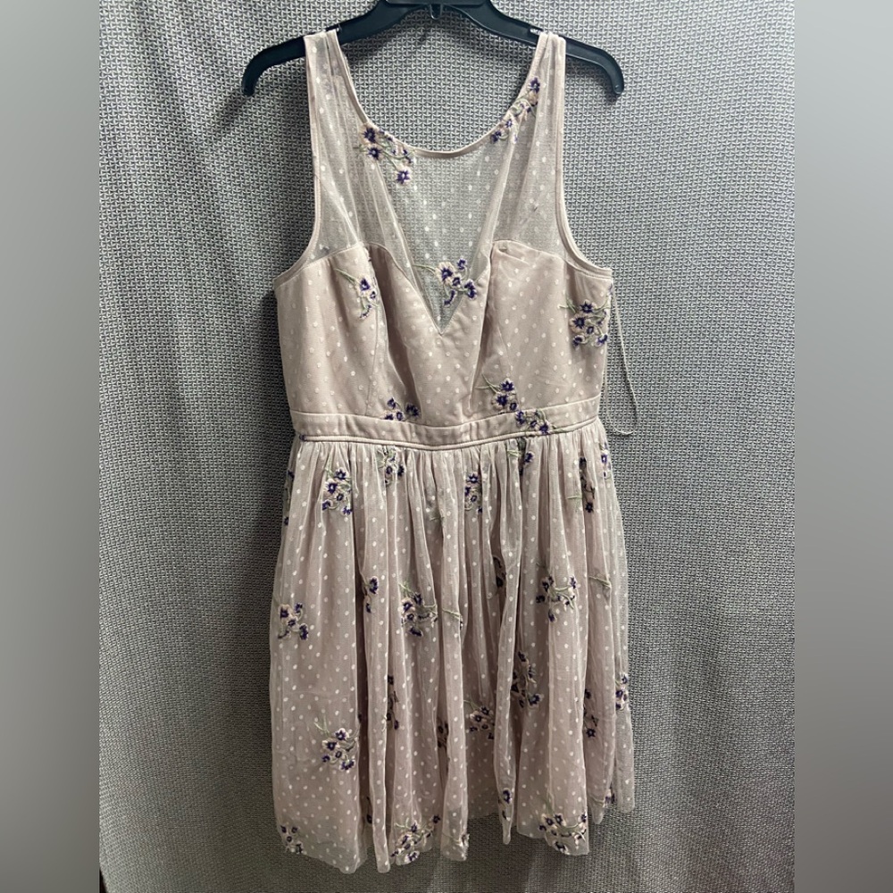 3X Sleeveless Floral Embroidered Swiss Dots Mesh Dress